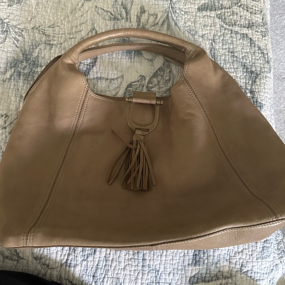 Leather Tassel Hobo Bag in Taupe